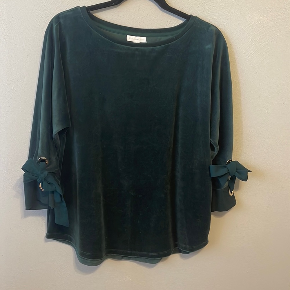 Deep green velour 3/4 sleeve with bow Charter Club size M - Picture 1 of 3